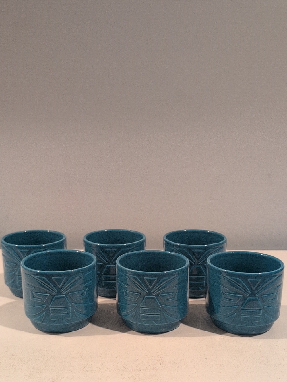 Set Of Six Ceramic Cruzan Rum Stackable Turquoise Tiki 10 Ounce Mugs - Picture 3 of 16